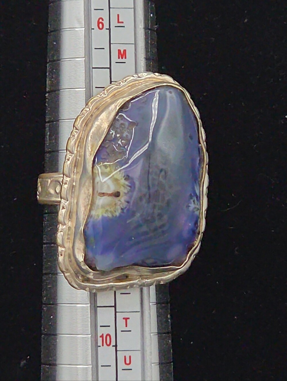 Large Handcrafted Sterling Silver & Purple Blue Agate Statement Ring Size 8